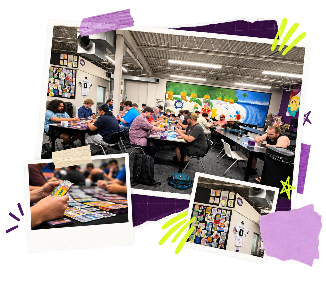 Players fill several tables during a Gundam trading card event at Izzi's Gym